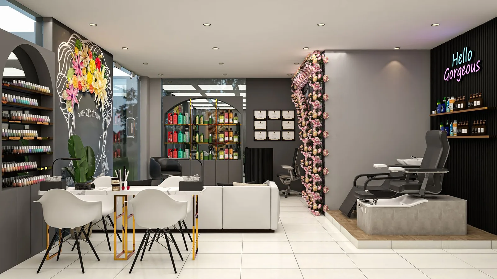 Modern hair salon interior design in Delhi featuring vibrant decor and luxurious seating arrangements.