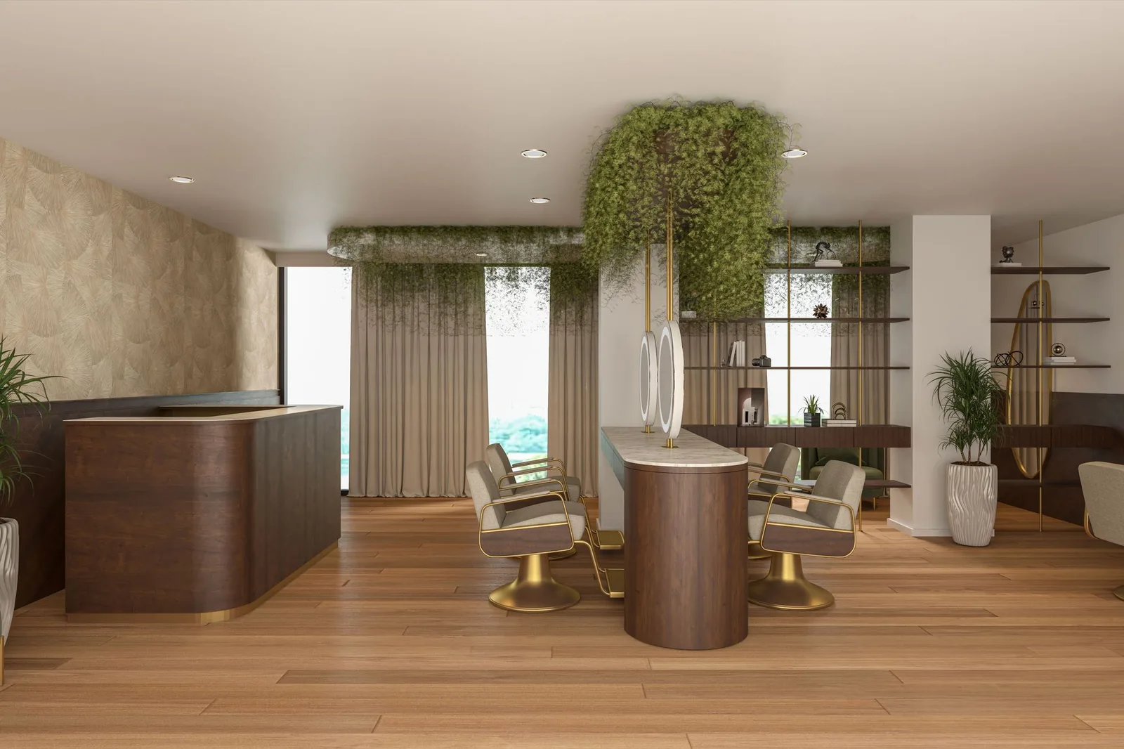 Stylish and contemporary salon interior with elegant furnishings and lush greenery in London, UK.